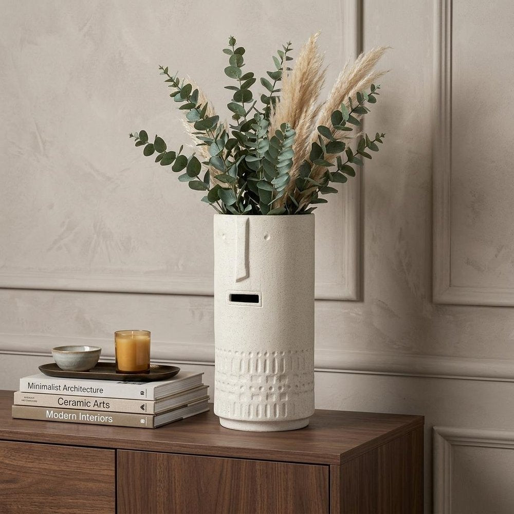 14" White Abstract Cylinder Ceramic Table Vase
