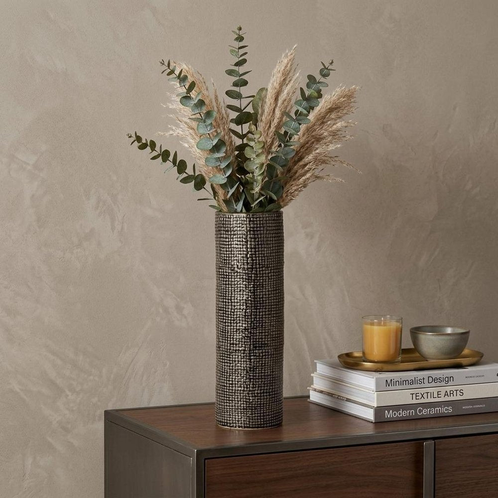 10" Black And Gold Abstract Cylinder Ceramic Table Vase