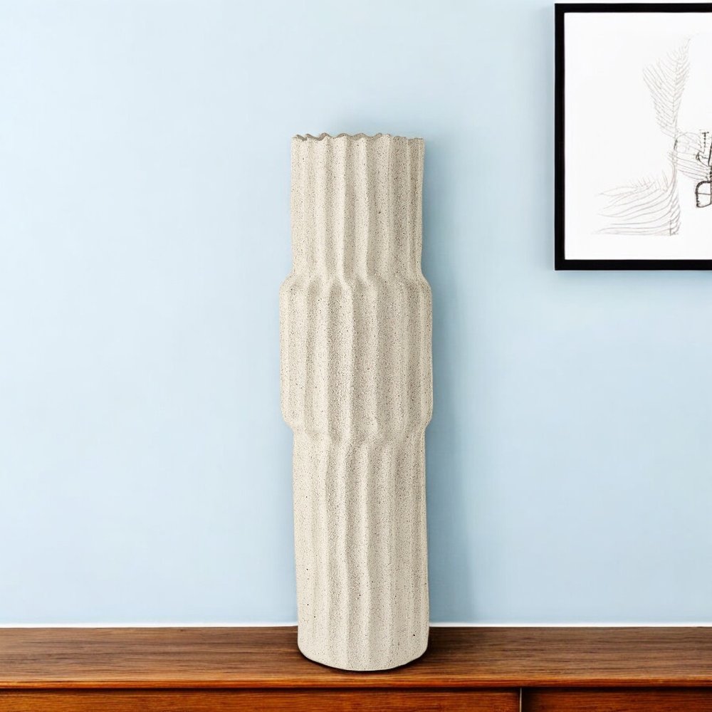 23" Cream Abstract Cylinder Ceramic Table Vase