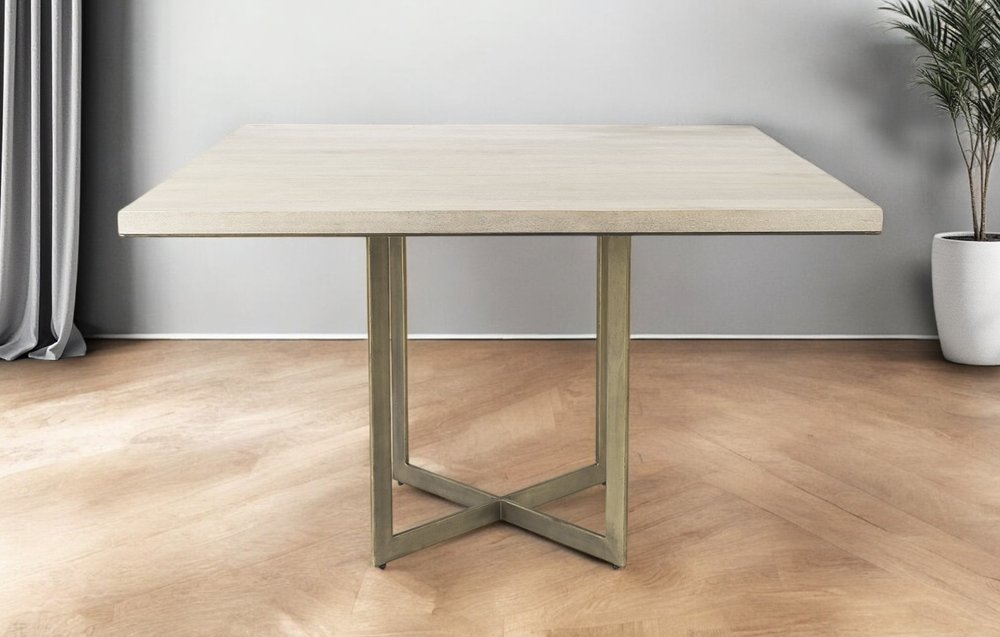 Modern Square Wood and Gold Dining Table