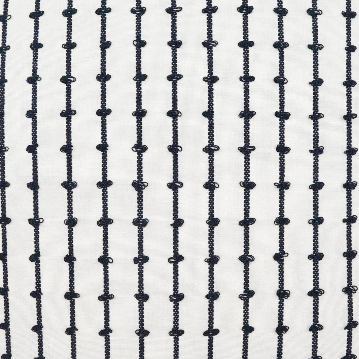 24" x 24" pillow with navy rope-like vertical stripes and knots on a light fabric background.