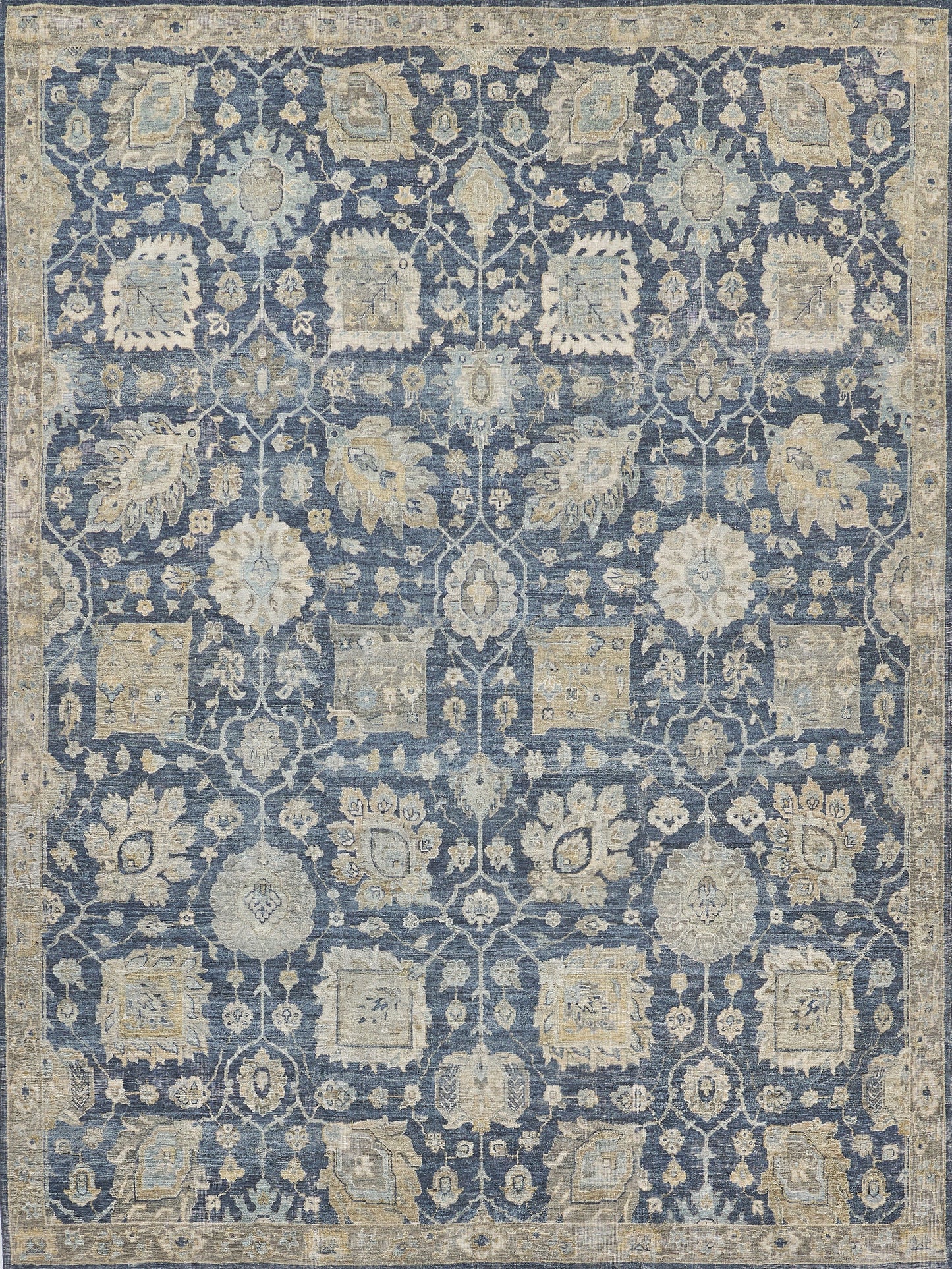 Blue & cream distressed-pattern Persian-style rug with ornate floral medallions, rectangular.