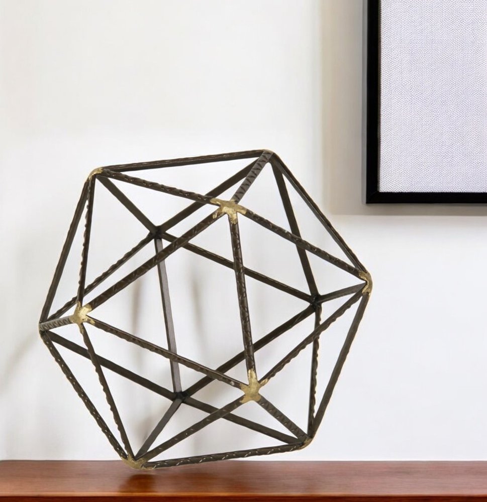 6" Brown and Gold Metal Hand Painted Geometric Orb Tabletop Sculpture