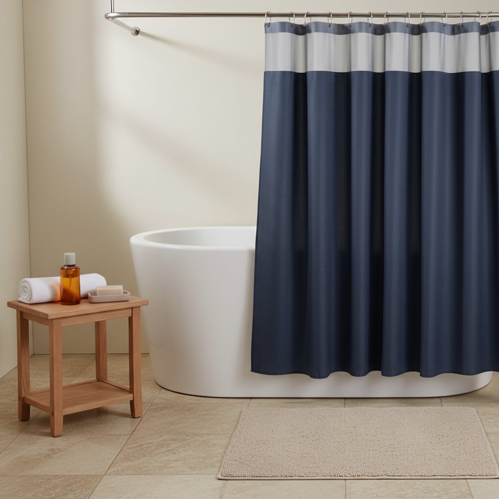Navy Modern Grid Shower Curtain and Liner Set