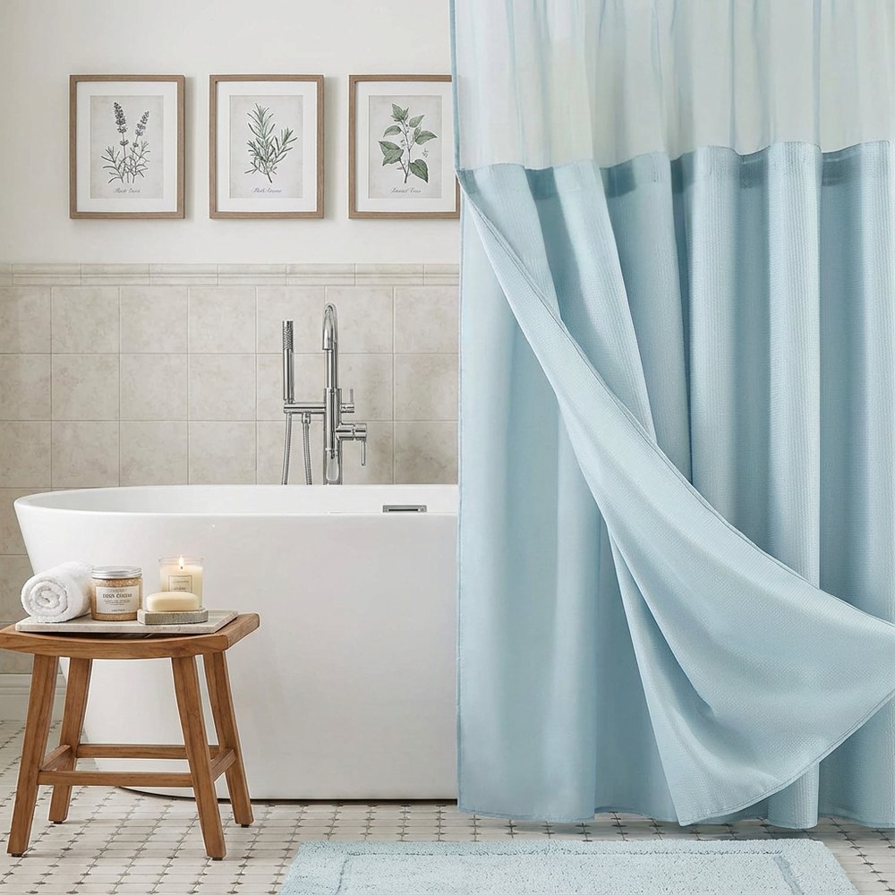 Light Blue Sheer and Grid Shower Curtain and Liner Set
