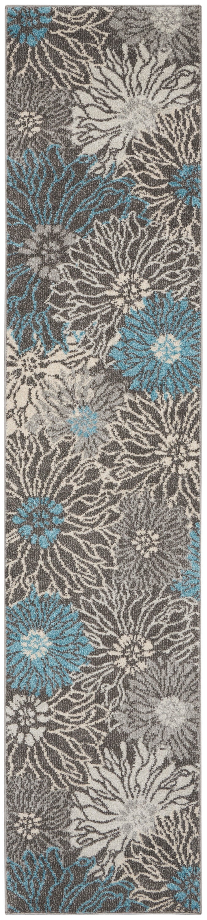 Long grey floral runner rug with cream and turquoise abstract blooms, tufted pile.