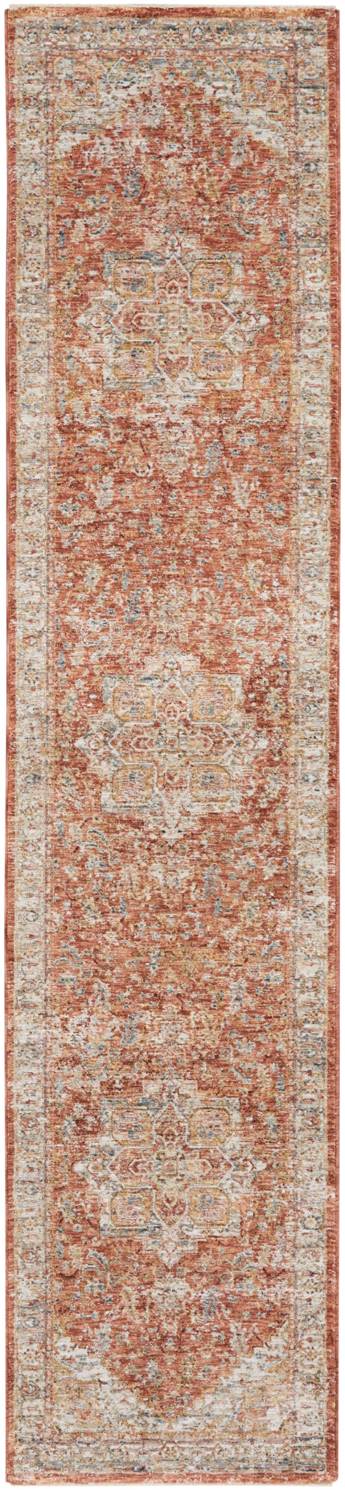 Distressed orange Persian-style hallway runner rug with cream border and muted blue accents; repeating ornate medallions.