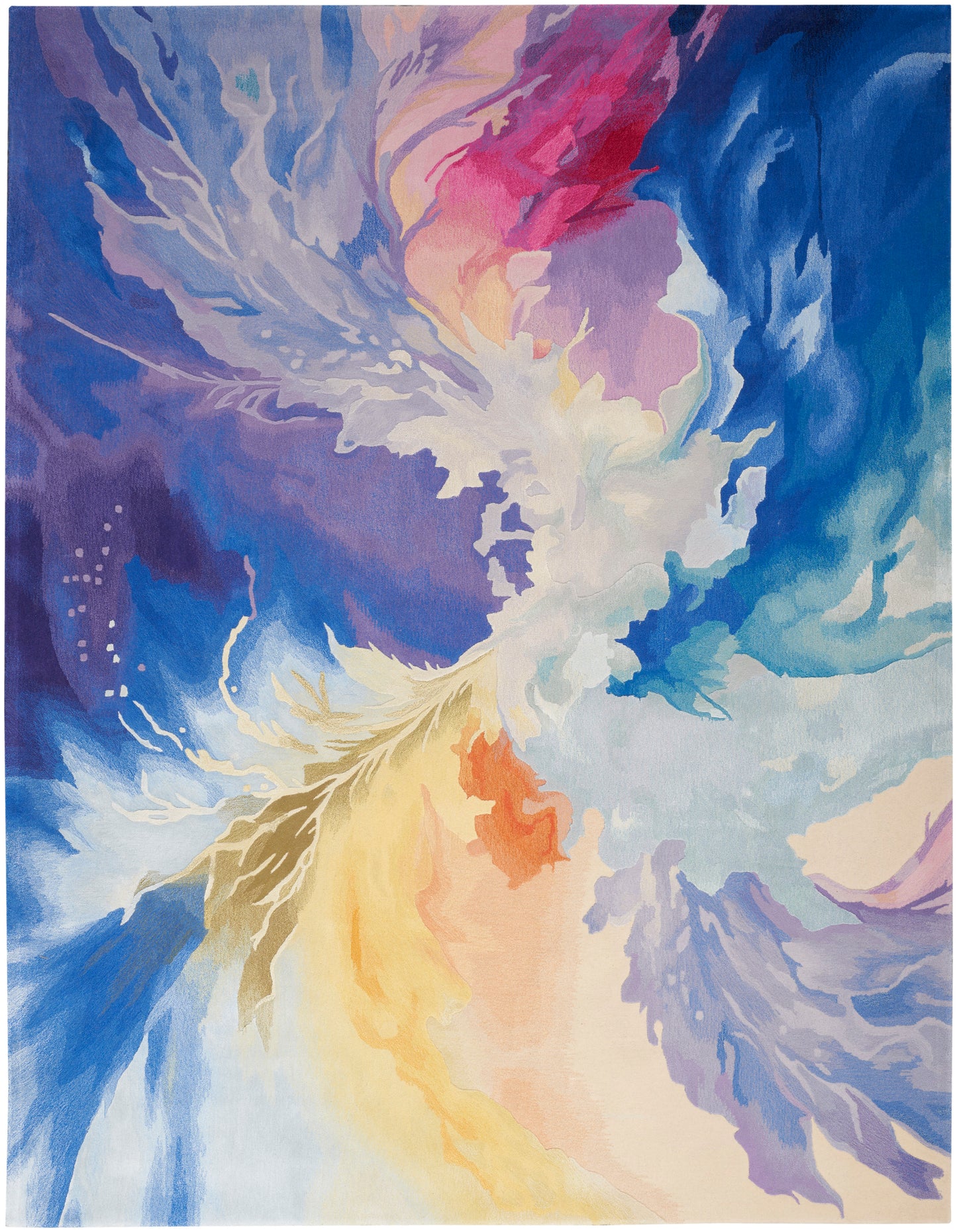 Abstract multicolor rug with swirling blue, purple, and yellow hues; flowing, painterly pattern; 8' x 10'.