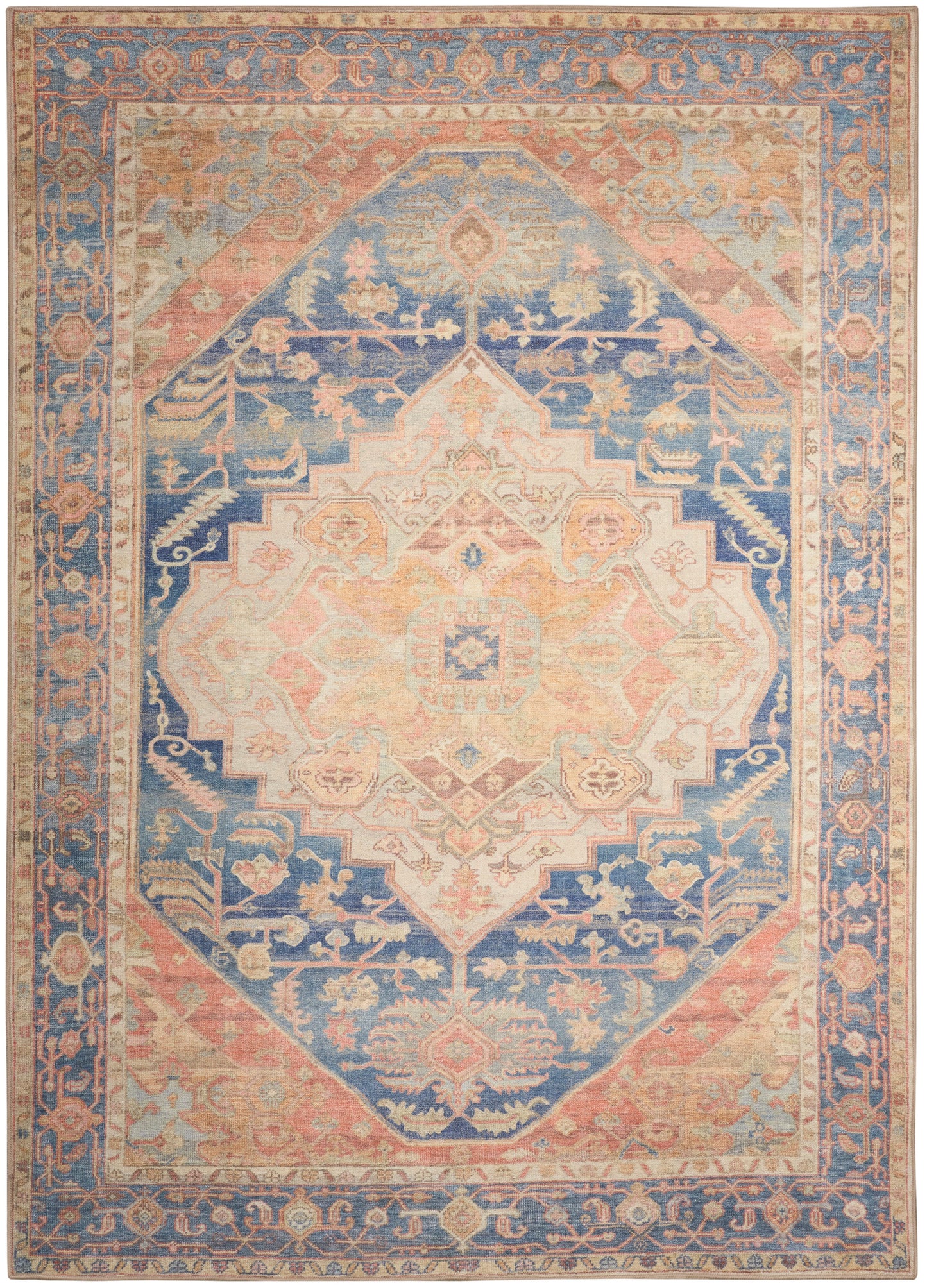 Persian-style area rug with pale peach central medallion, blue field, and ornate floral border.