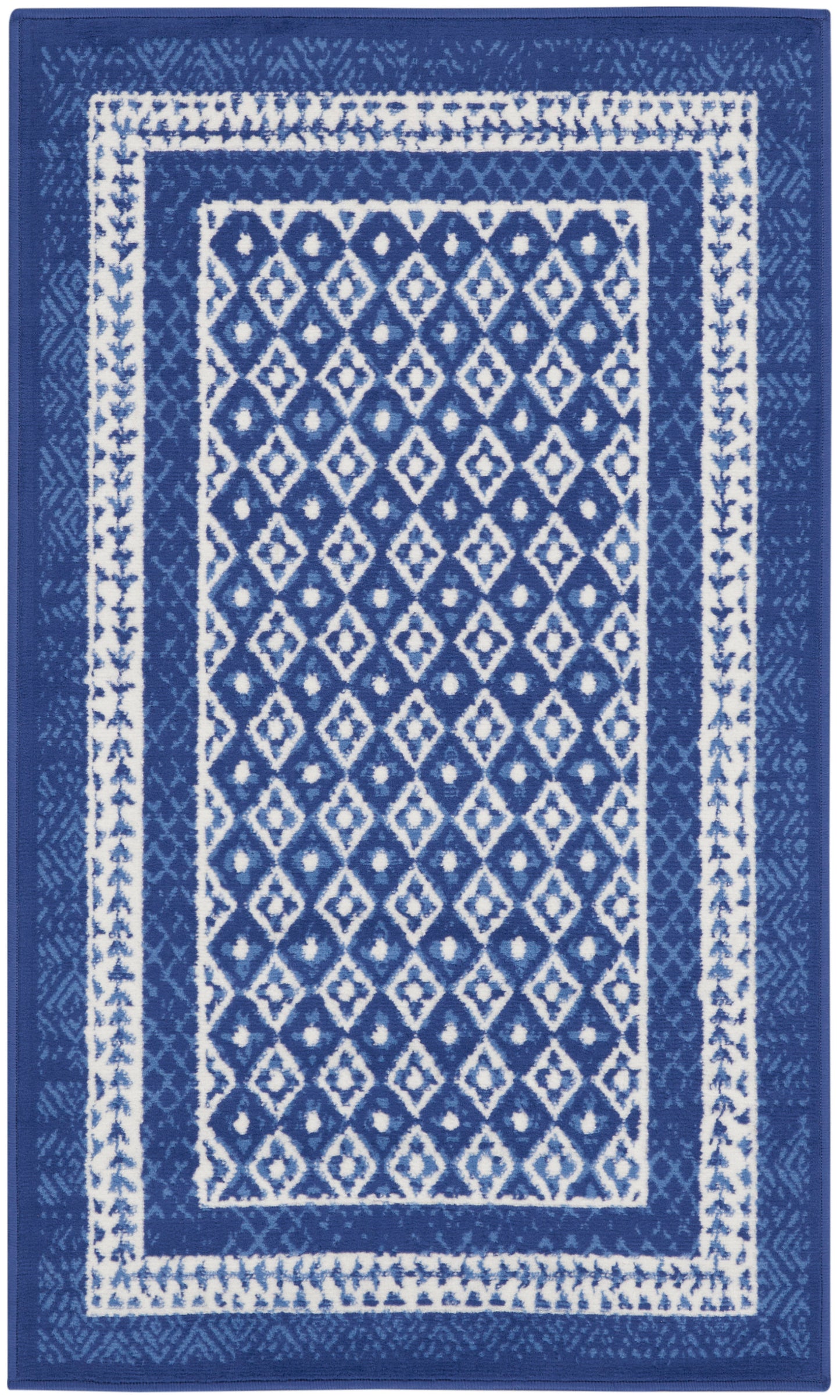 Blue and white rectangular area rug with diamond lattice center and white border stripes, modern geometric style.