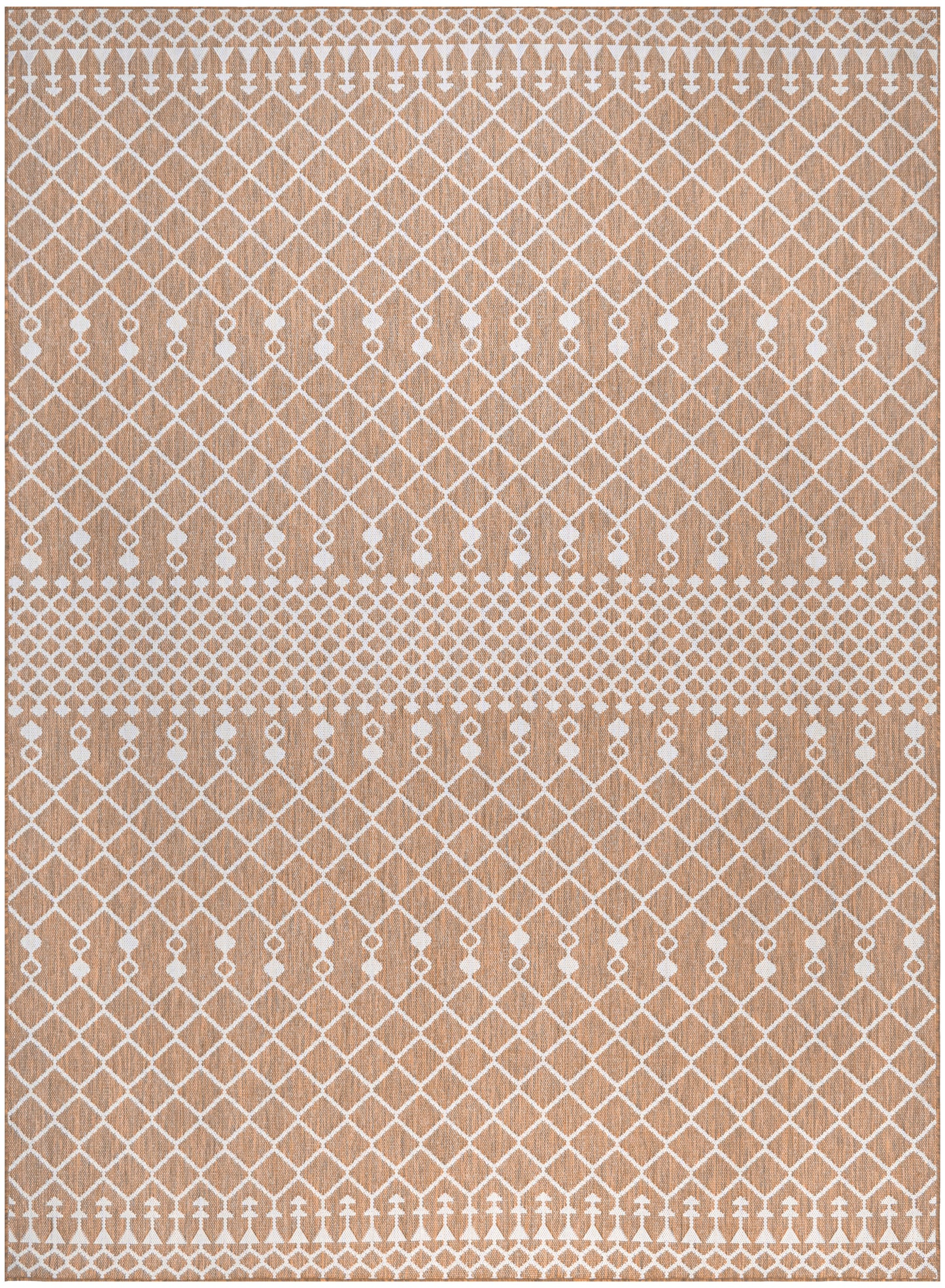 Peach-toned area rug with white diamond lattice and dotted borders, modern geometric boho design.