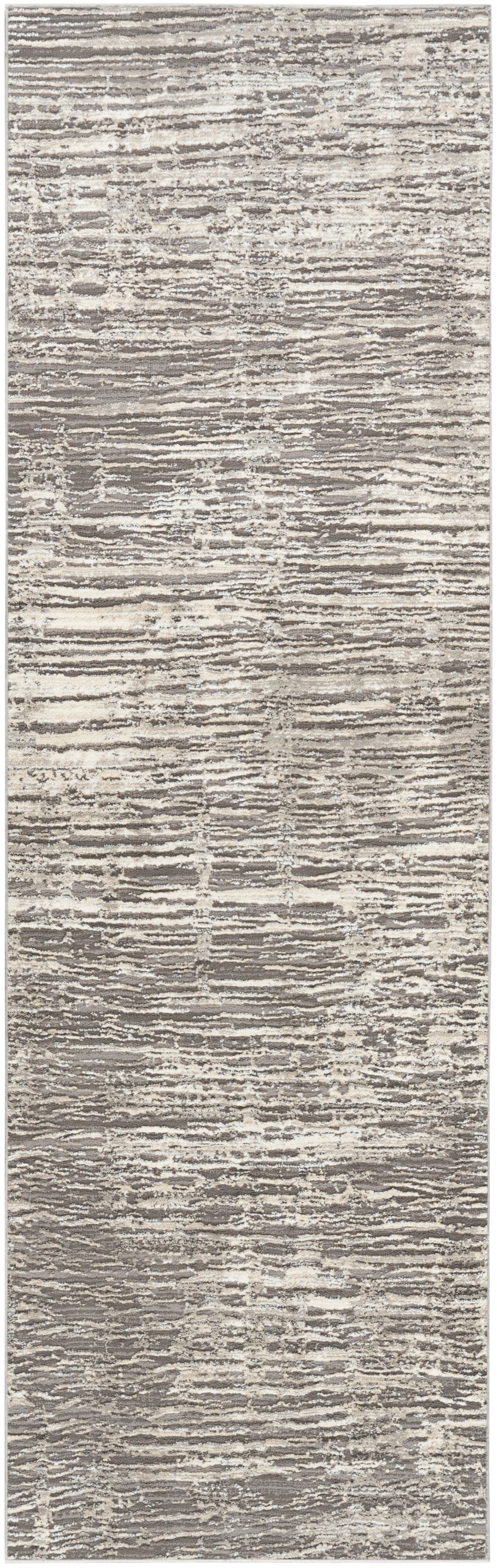 Long runner rug in beige and taupe with ivory, abstract horizontal stripe texture.