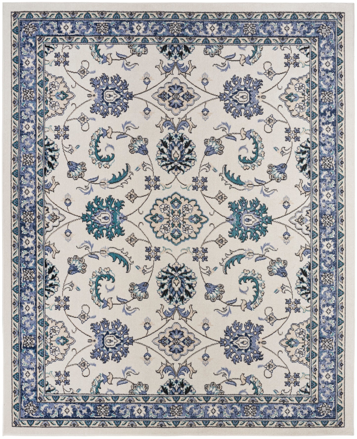 Traditional Persian-style area rug with ivory base, blue & teal floral motifs and a layered blue border.