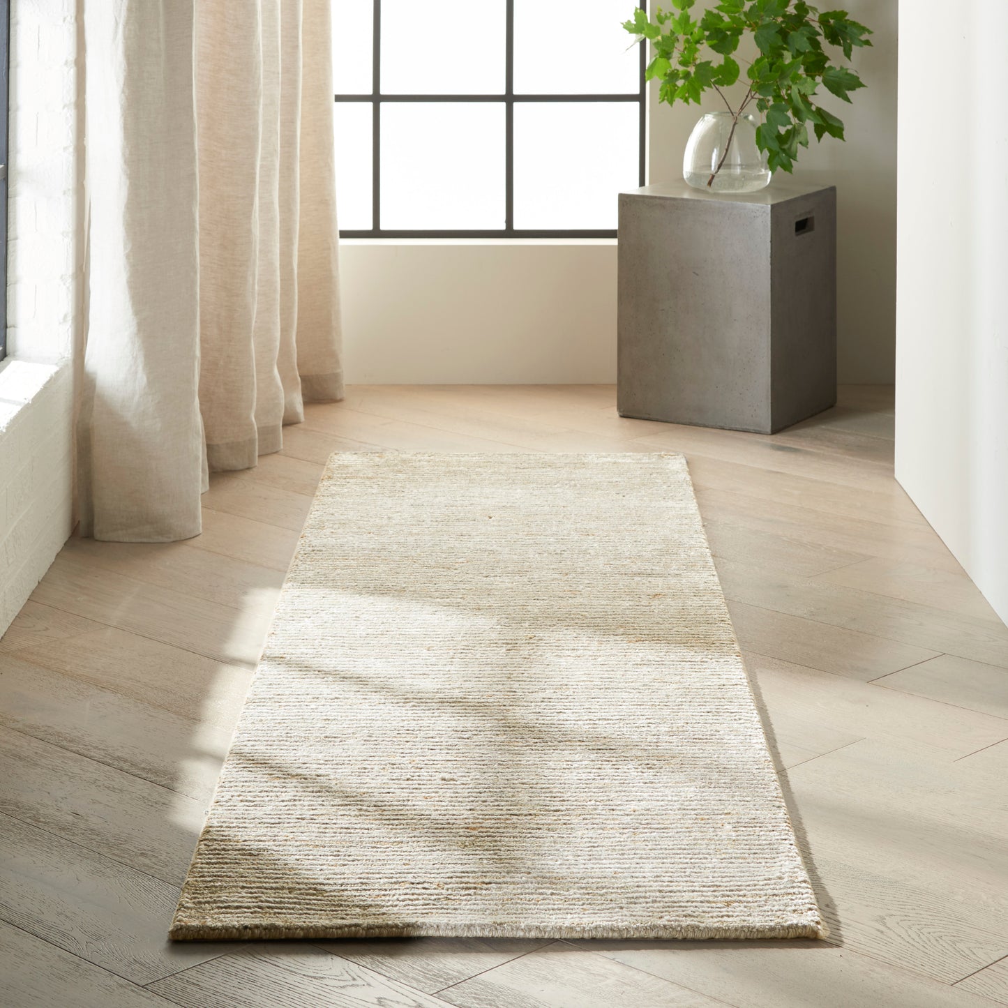 Natural beige woven jute rug runner, long rectangular hallway rug for entryway.
