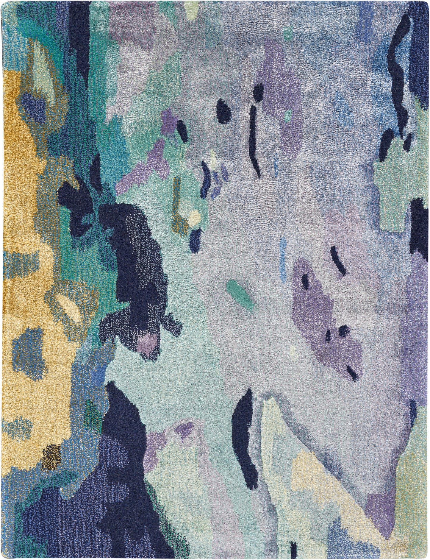 Abstract color-block area rug with teal, blue, lavender and mustard patches; plush textured pile for modern decor.