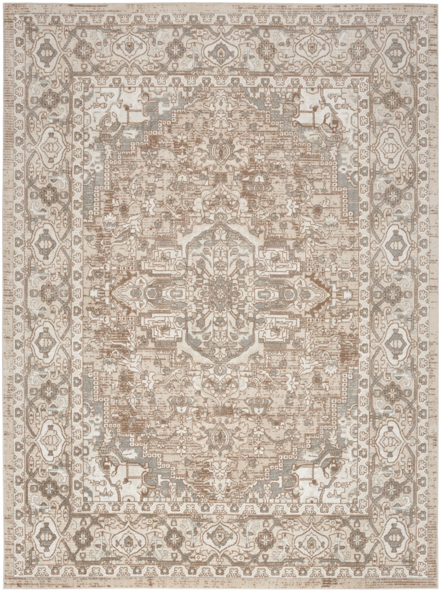 Neutral beige and taupe Oriental rug with a central medallion and ornate floral border; traditional living-room accent.