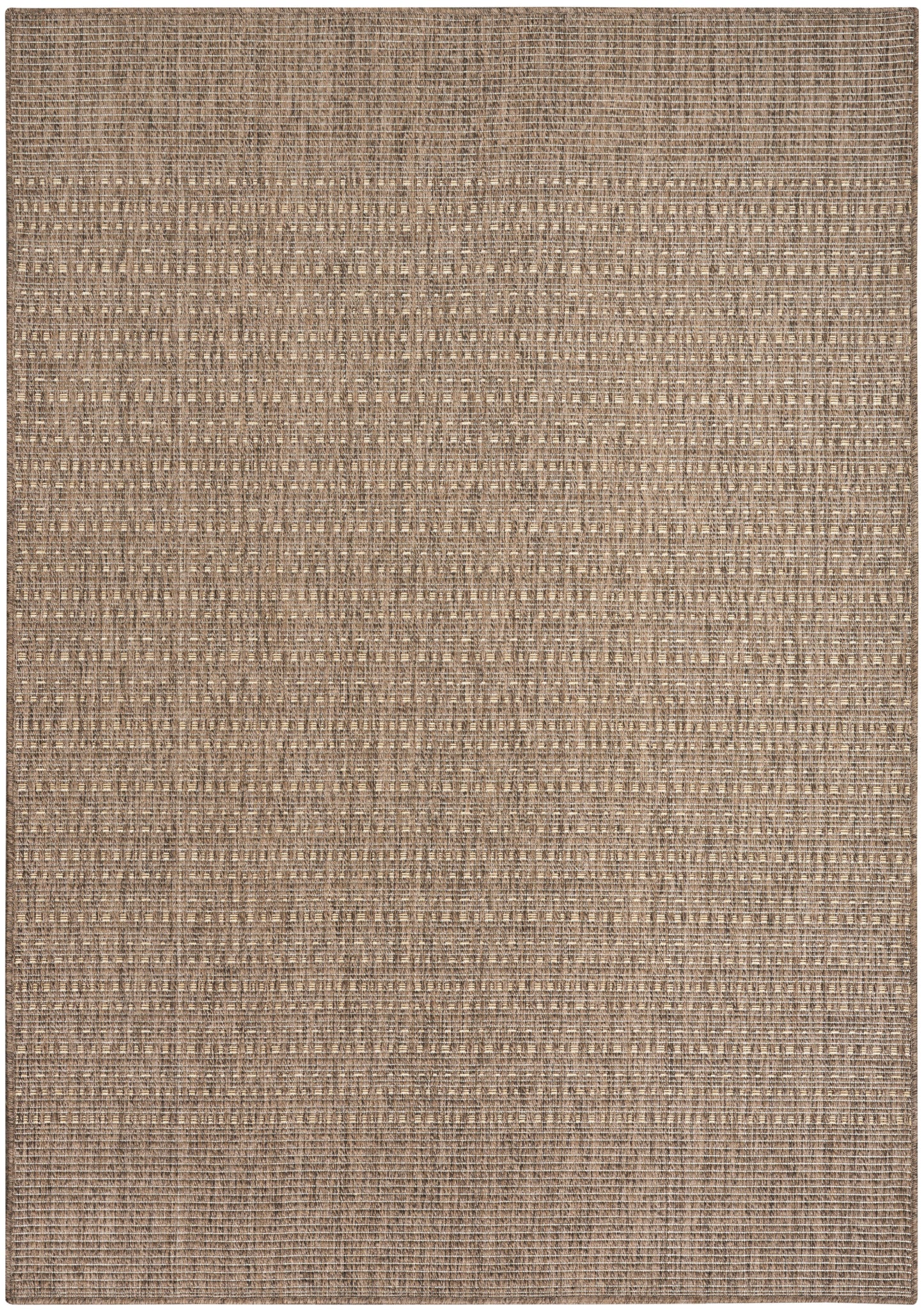 Beige-brown woven area rug with a subtle striped grid pattern; neutral flat-weave style.