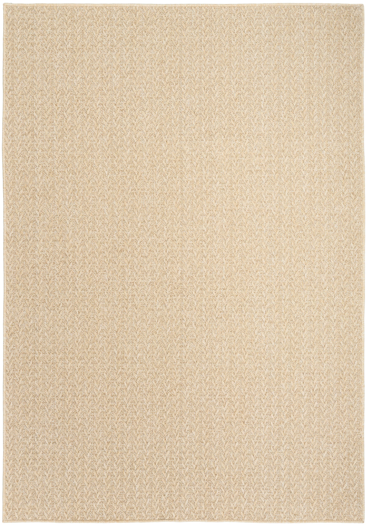 Beige rectangular rug with a subtle chevron weave; natural-fiber look, neutral floor decor.