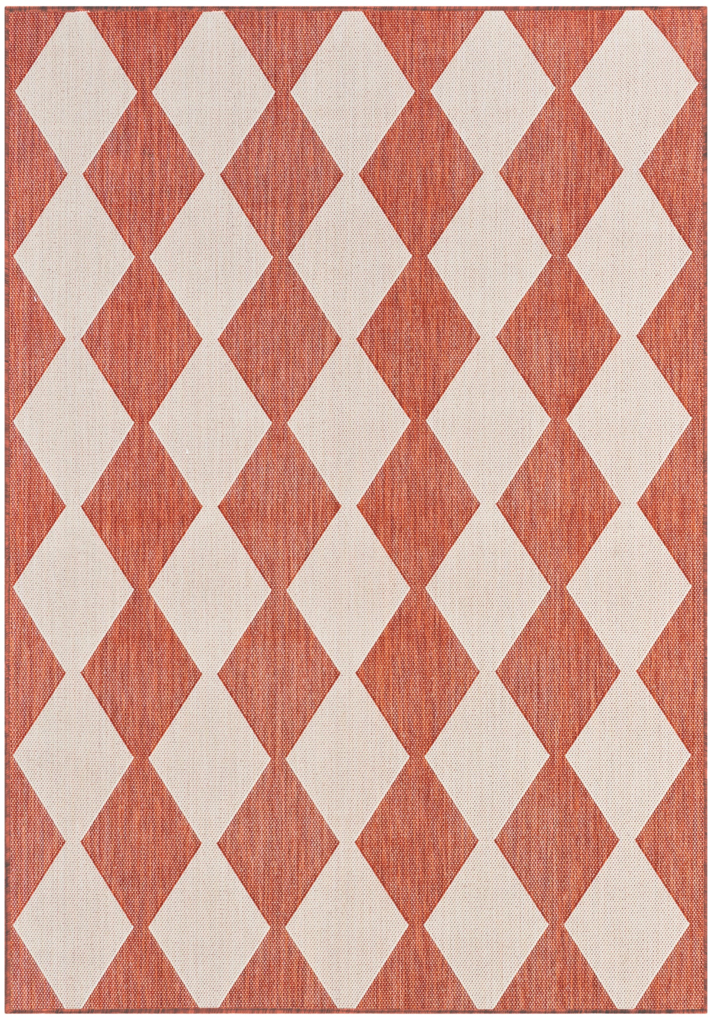 Rectangular woven rug with rust orange and beige diamond lattice pattern, textured surface.