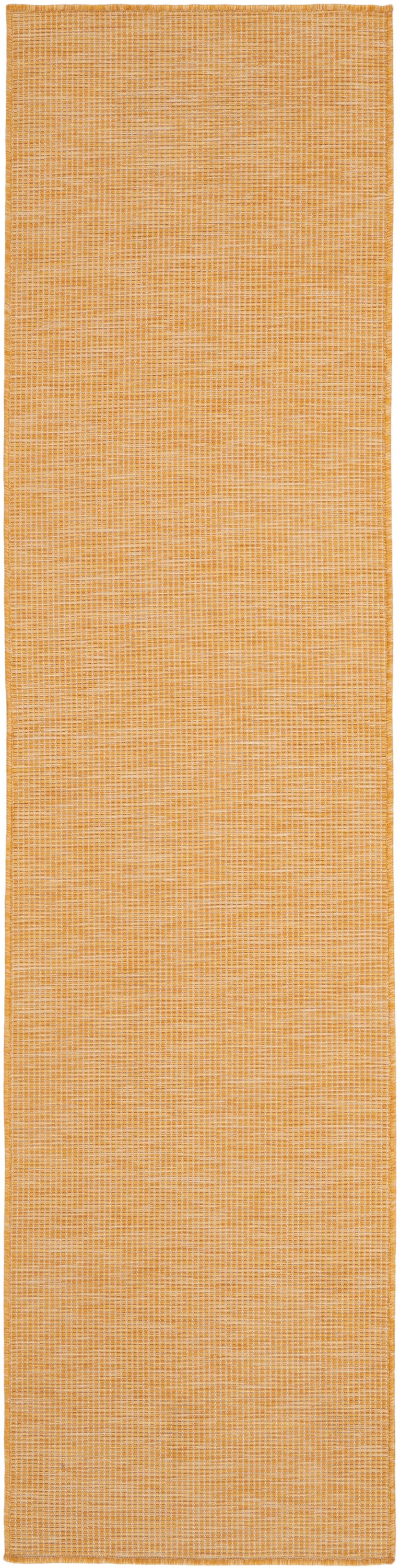 Orange woven rug runner with subtle grid pattern and reinforced stitched edges.
