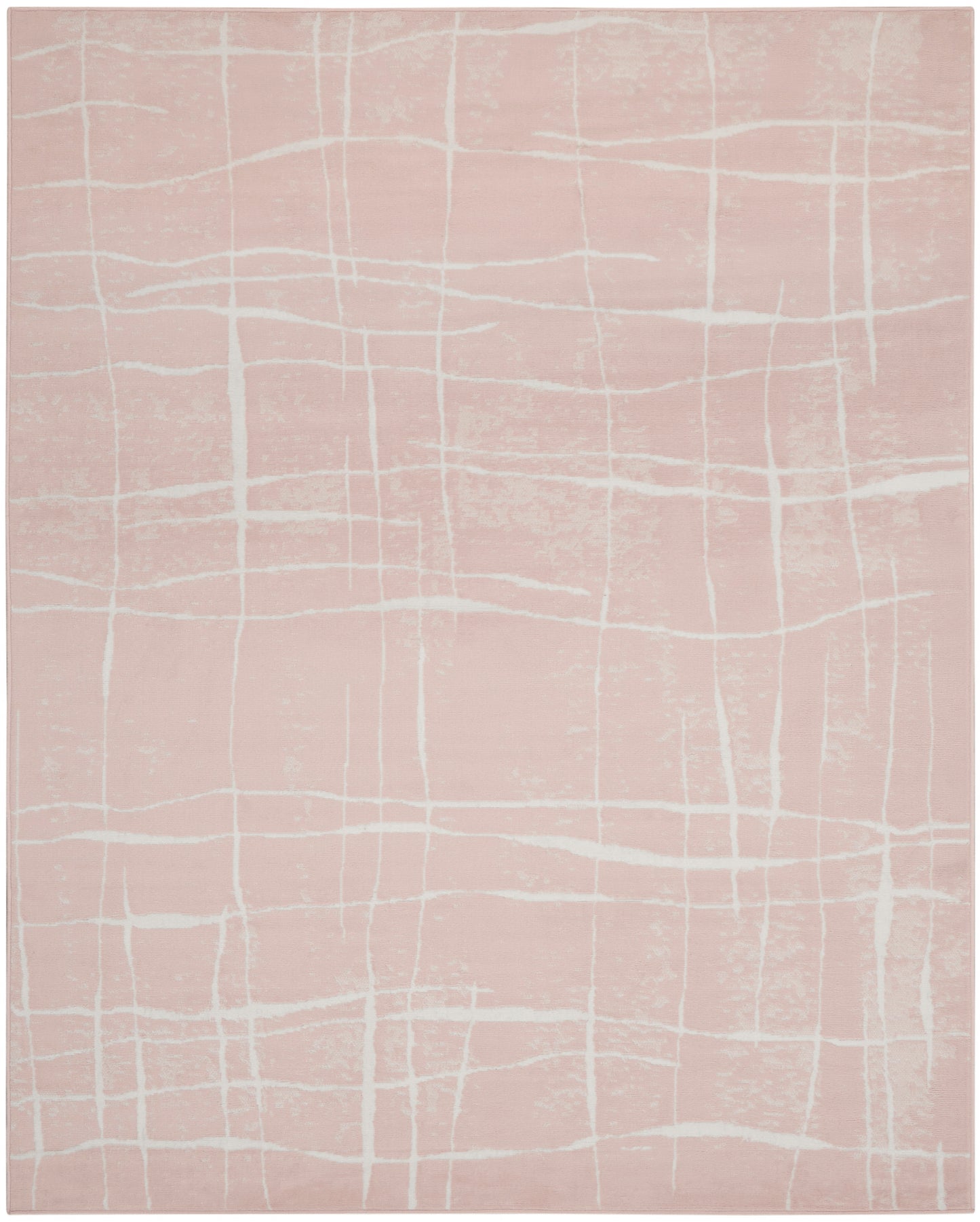 Pastel pink rug with white irregular grid lines; a modern geometric woven rug for living spaces.