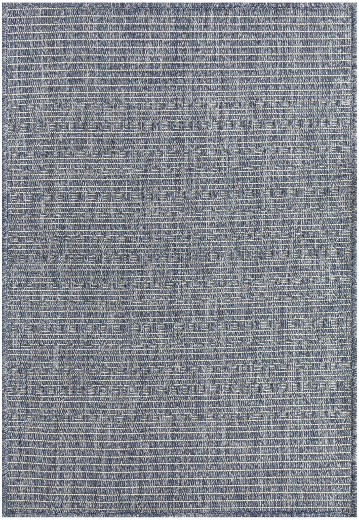 Denim blue flat-weave rug with subtle horizontal stripes; rectangular outdoor rug