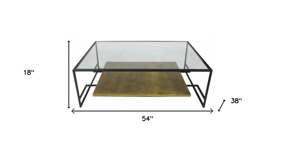 54" Clear and Black Glass and Iron Floor Shelf Coffee Table With Shelf