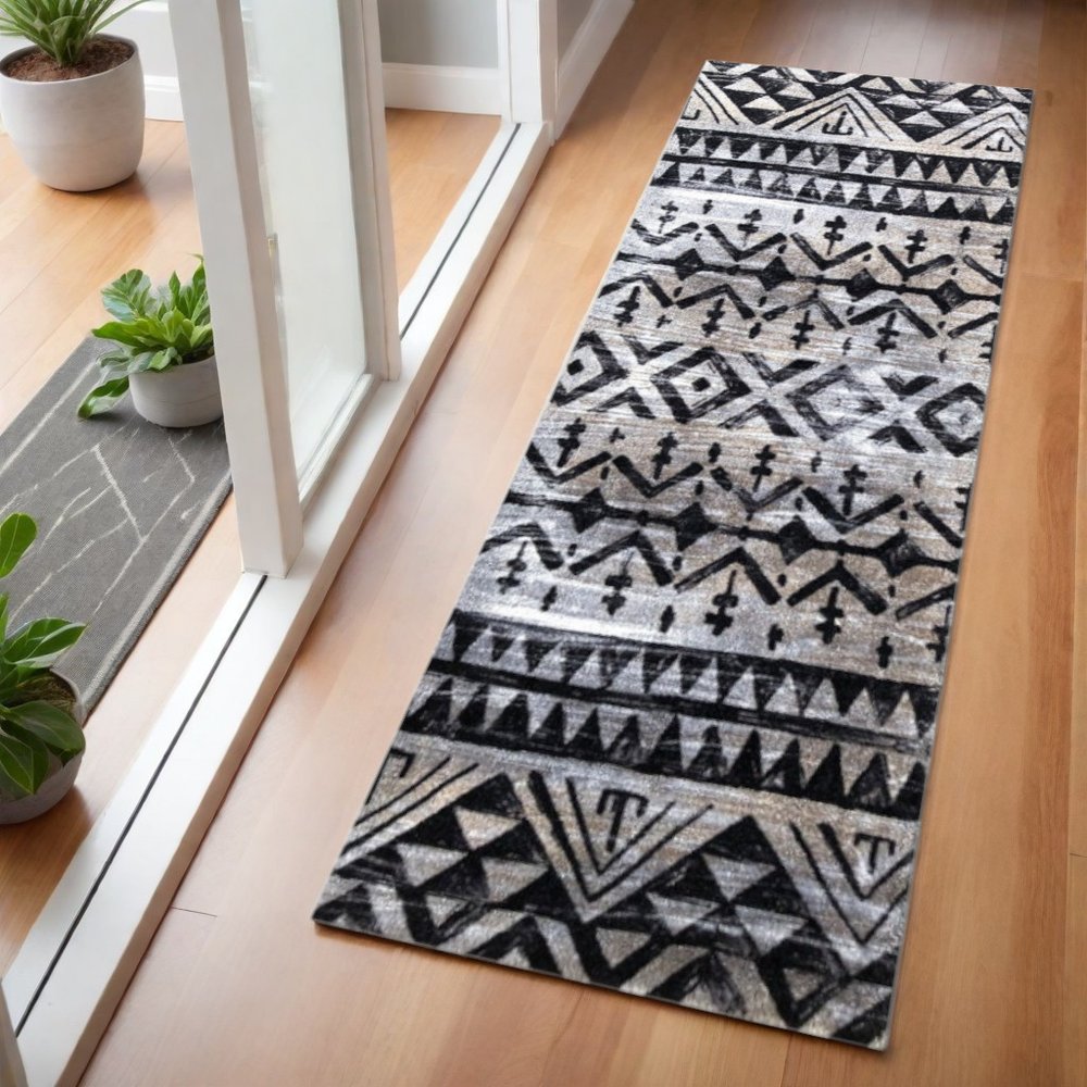 2' X 6' Black and Gray Aztec Washable Runner Rug