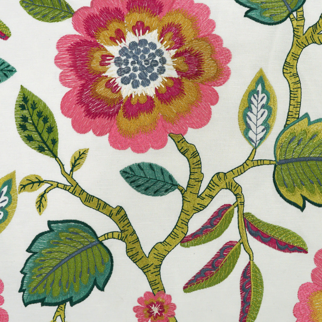 Vibrant botanical fabric print with large pink and mustard flower, blue center, and yellow-green stems on white background.