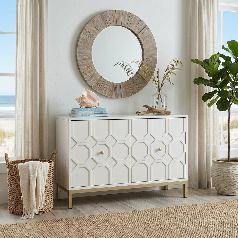40" White Carved Geometric Sideboard with Two Doors