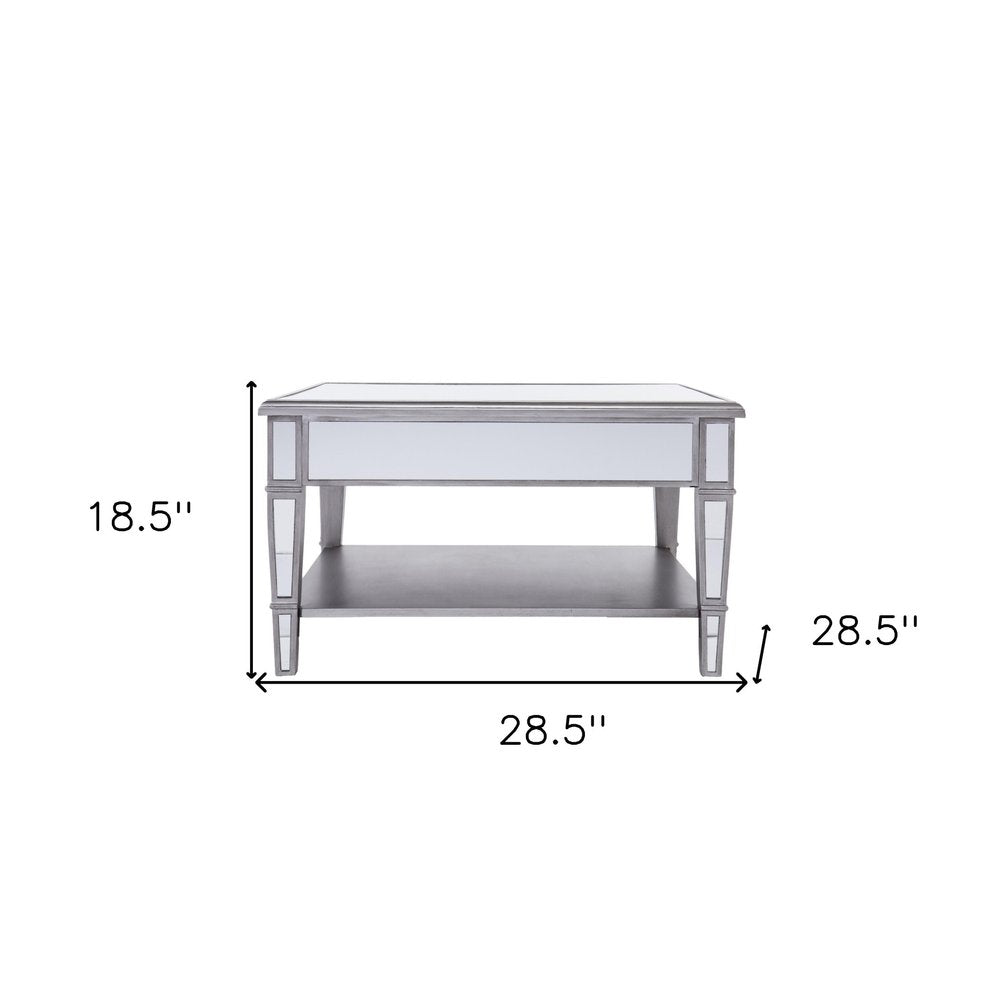29" Silver Mirrored Square Coffee Table With Shelf