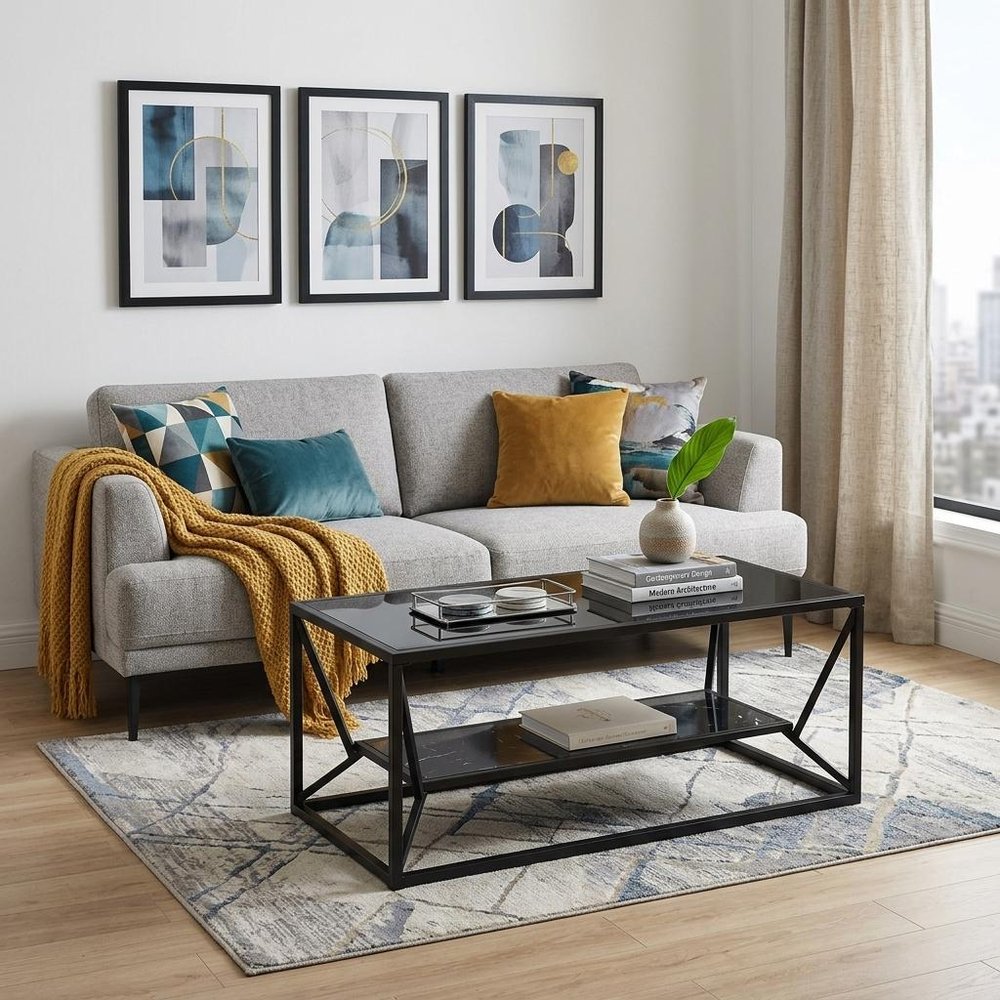 42" Black Glass Faux Marble And Metal Coffee Table With Shelf