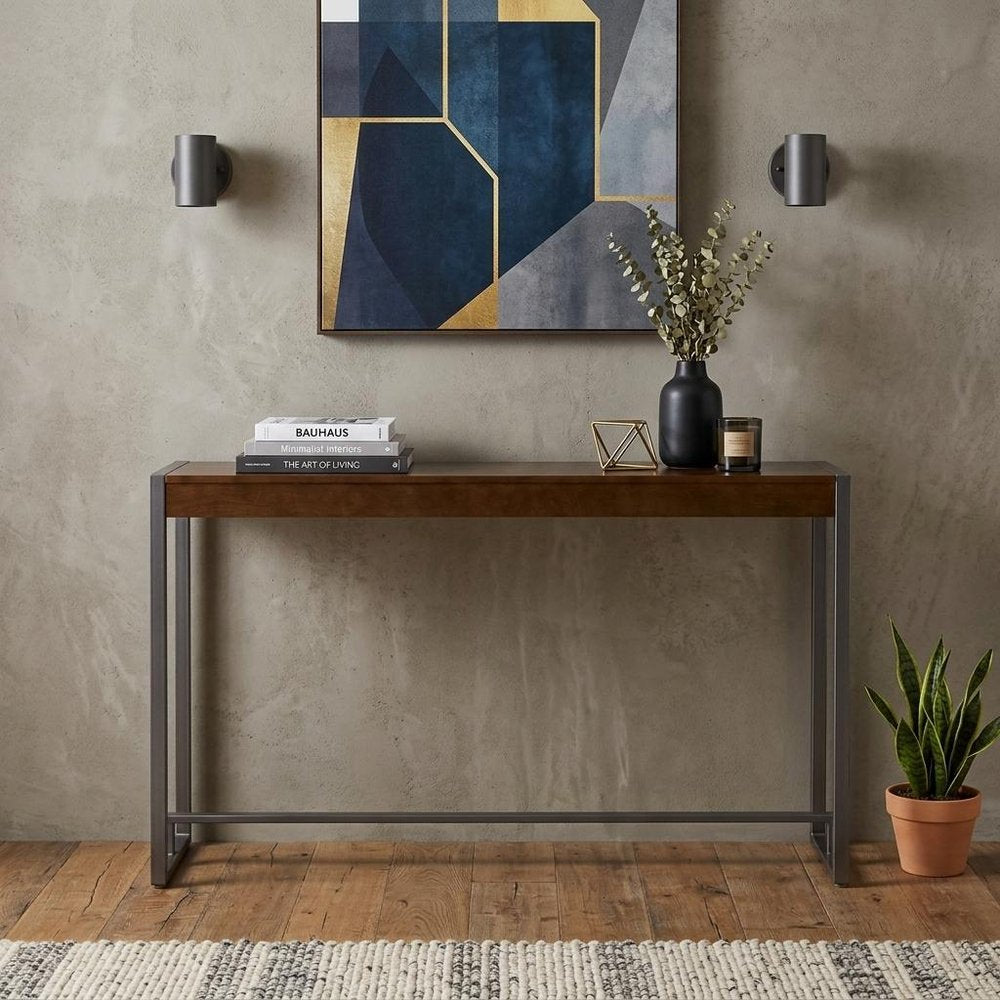 54" Dark Brown and Gunmetal Wood and Metal Sled Console Table
