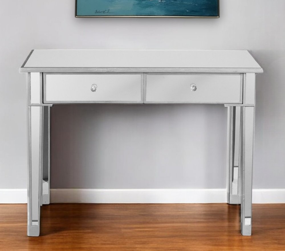 40" silver mirrored glass console table with drawers