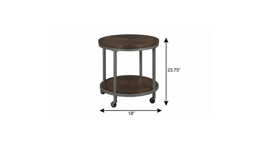 Round two-tier coffee table with dark wood top and lower shelf, gray metal frame on casters; 23.75" H x 18" diameter