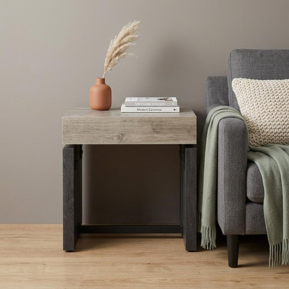 20" Natural Wood Manufactured Wood And Iron Square End Table