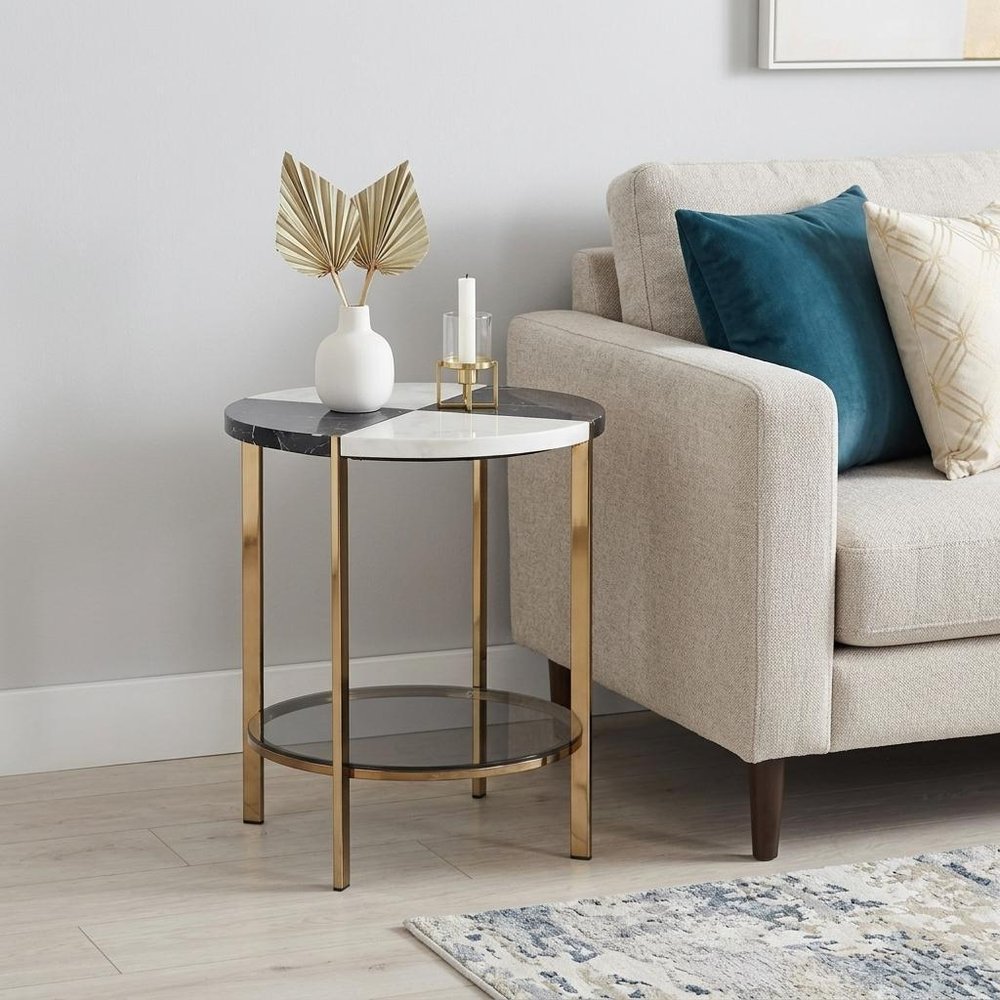 24" Black Wood And Iron Round End Table With Two Shelves