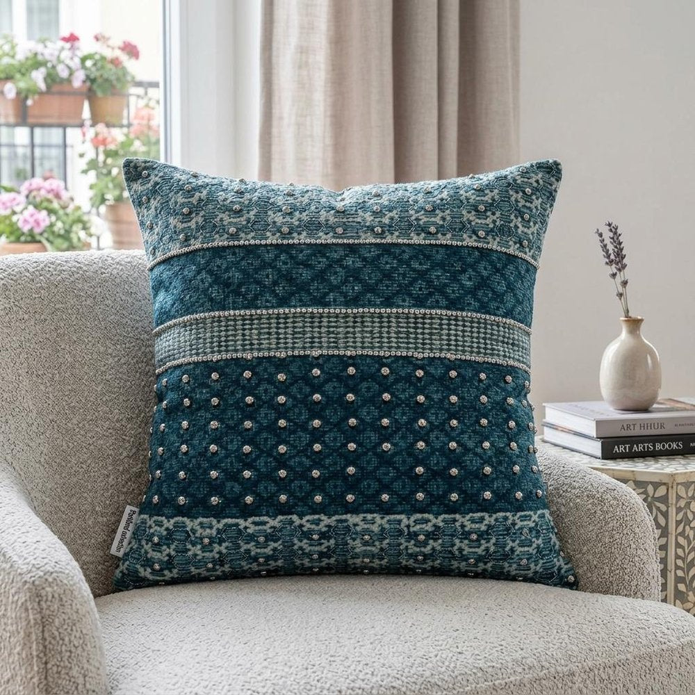 Blue and Aqua Beaded Embroidered Decorative Throw Pillow