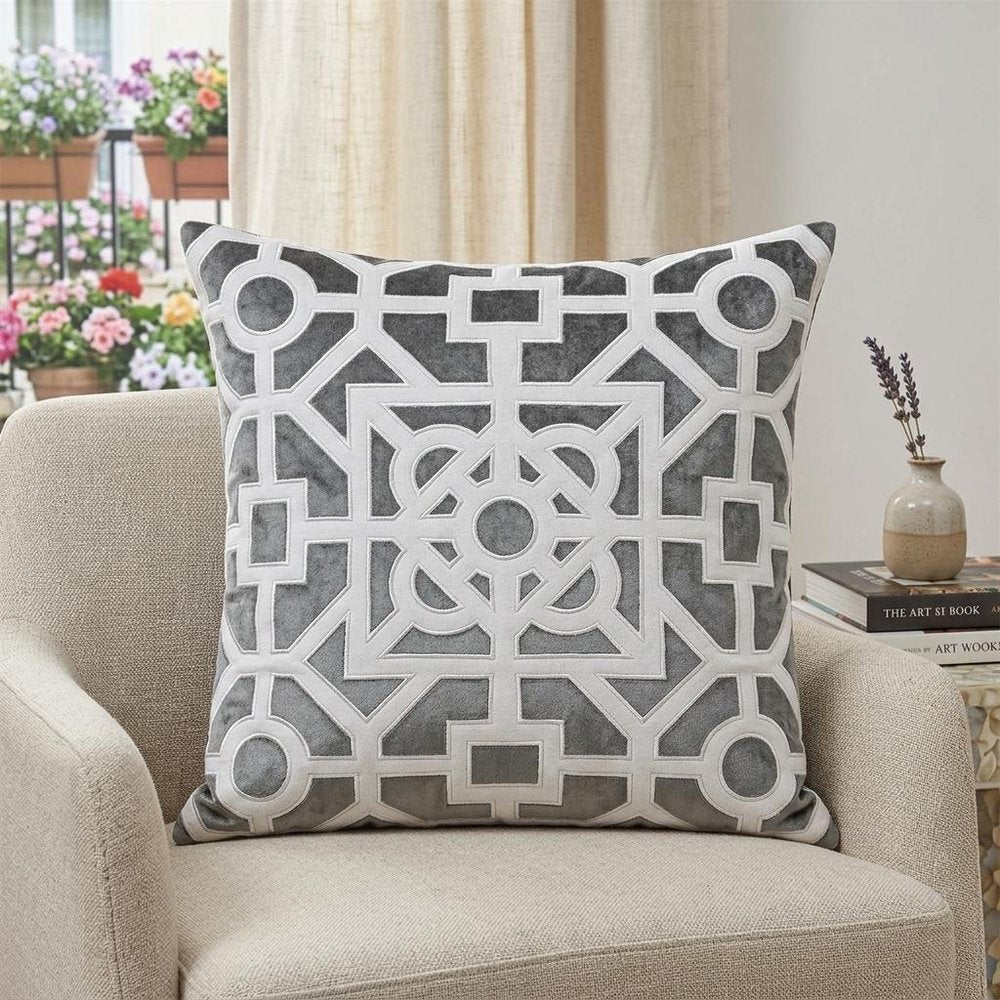 18" Gray and White Velvet Throw Pillow