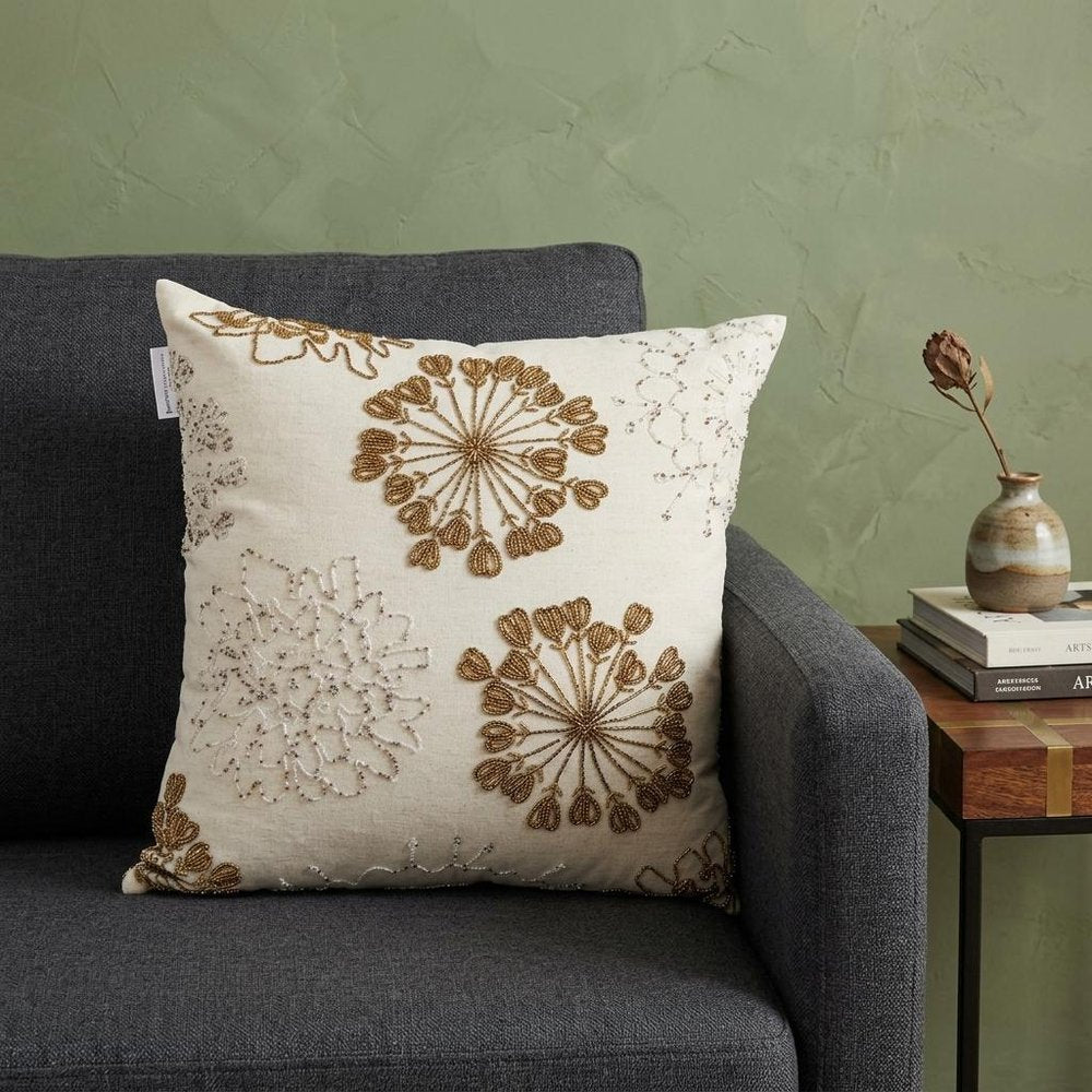 Natural and Golden Metallic Beaded Decorative Throw Pillow