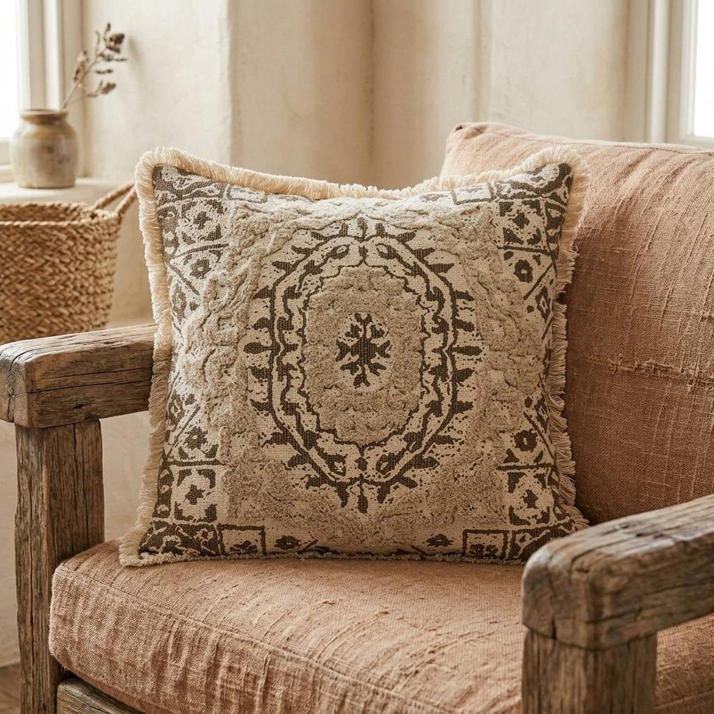 18" Beige And Brown Medallion Cotton Blend Throw Pillow with Fringe And Texture