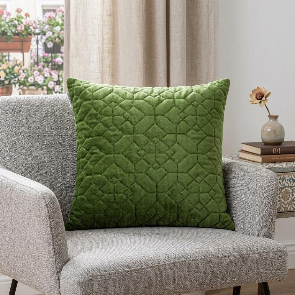 Olive Quilted Velvet Geo Decorative Throw Pillow