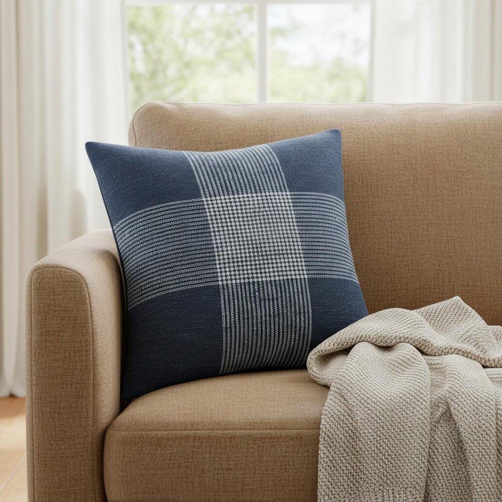 Indigo White Plaid Pattern Throw Pillow