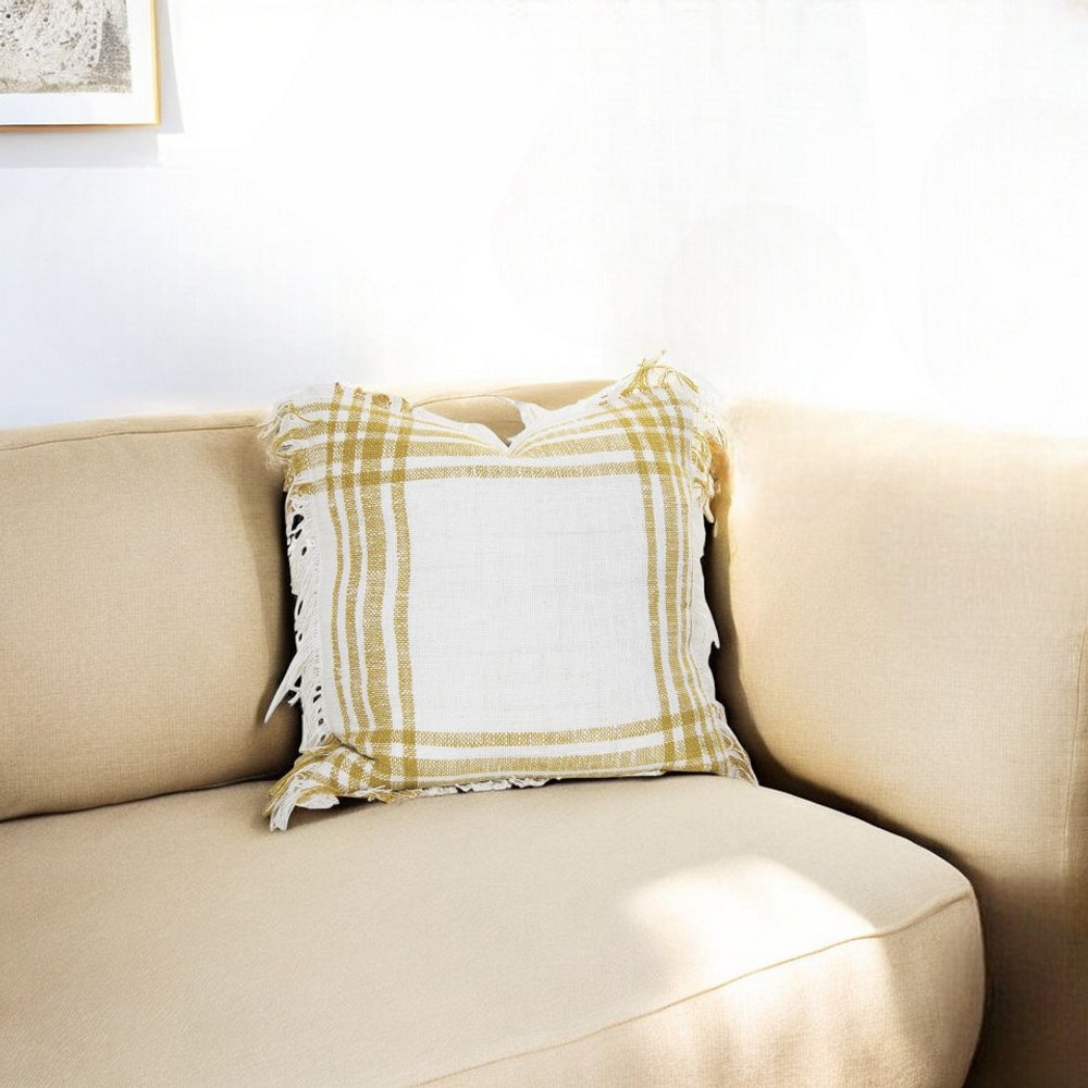 White Gold Open Plaid Textured Throw Pillow