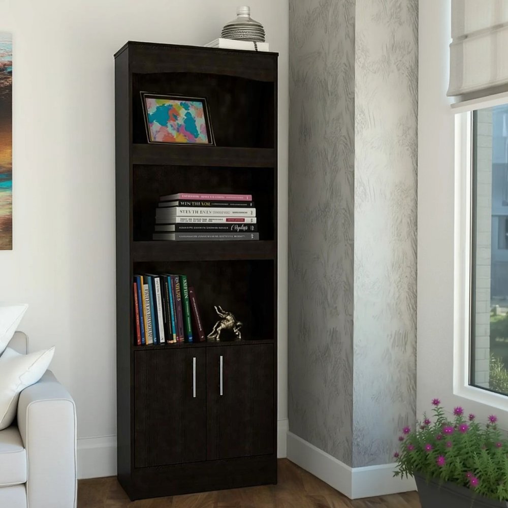 71" Light Gray Wood Three Tier Bookcase with Two Doors