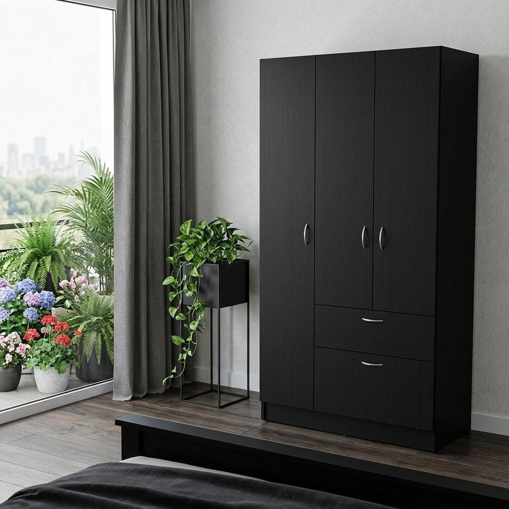 67" Black And White Wood Three Door Single Drawer Combo Dresser