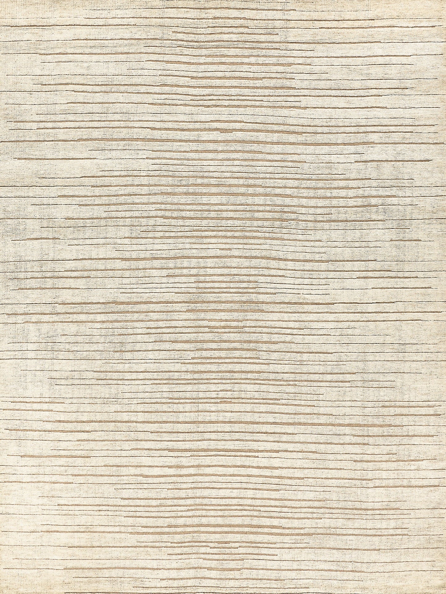 Neutral-toned hand-knotted rug with a textured weave and subtle horizontal stripes in beige and cream; rectangular 6' x 9'.
