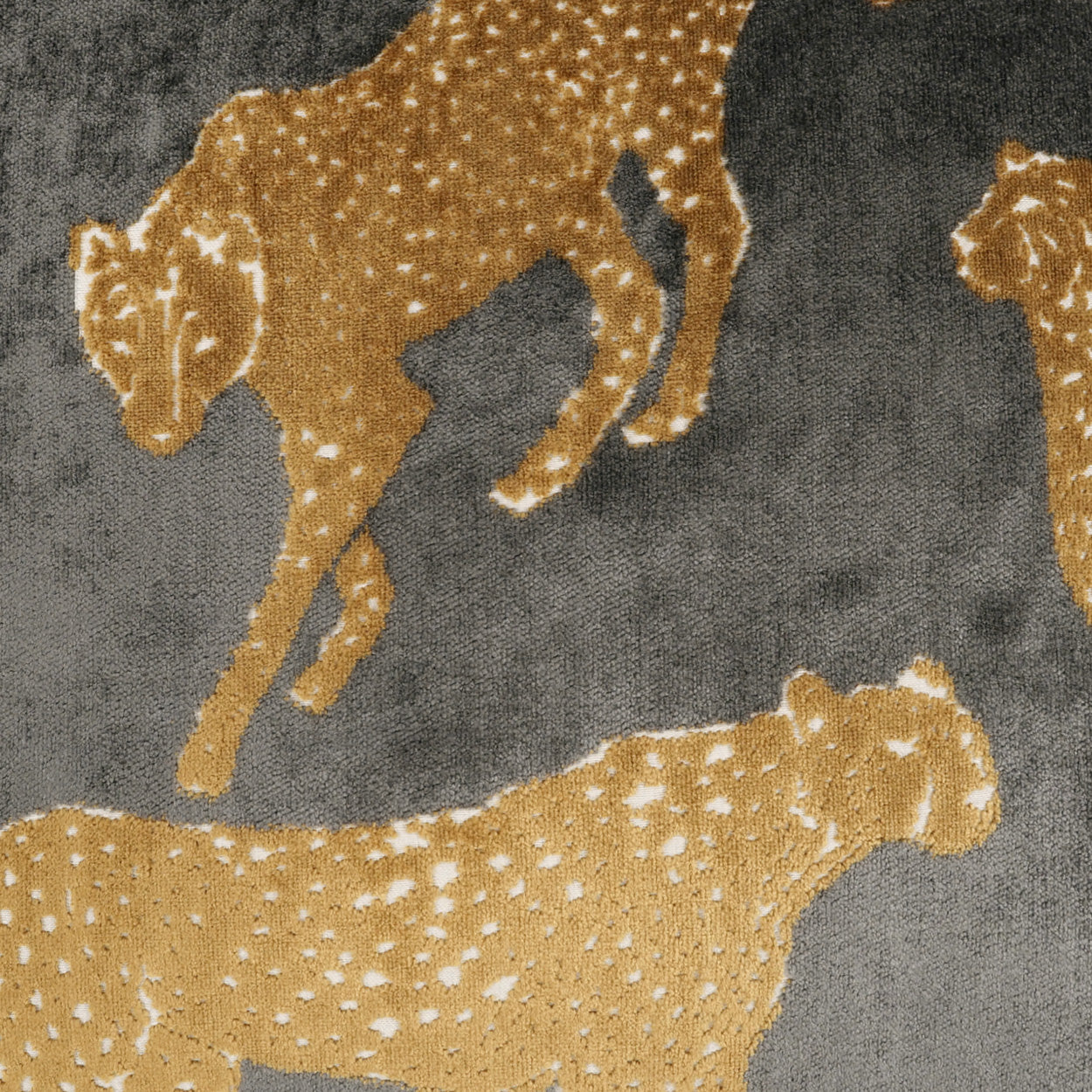 Gold cheetah silhouettes on gray textured rug; decorative leopard print floor covering.