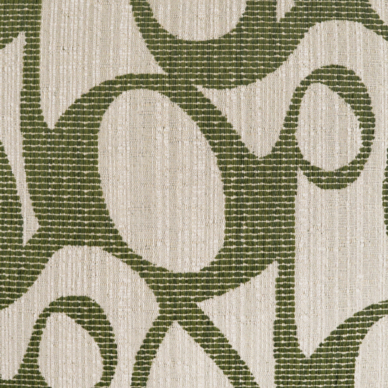 Beige woven fabric with olive-green scrolling motif; textured upholstery textile with curling vine patterns.