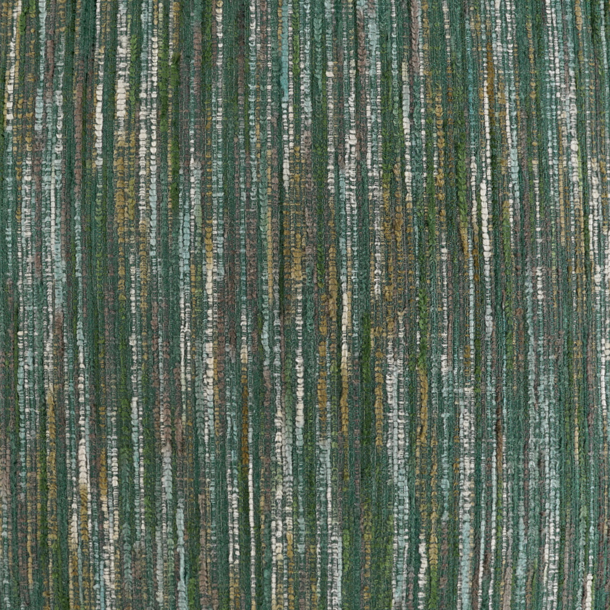 Woven green fabric with vertical teal, olive & gold threads creating a textured striped pattern.